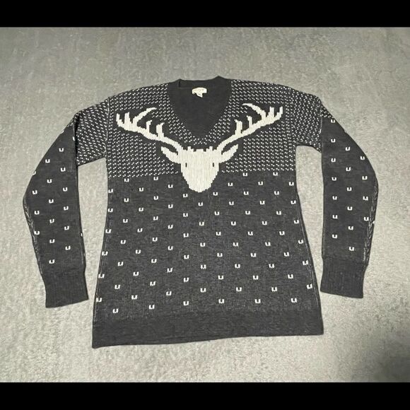 J.CREW factory intarsia reindeer size xs merino wool blend EUC grey - Picture 2 of 6
